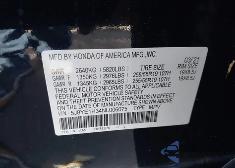 2022 Acura Mdx Standard z USA, uszkodzony, nr VIN 5J8YE1H34NL006075